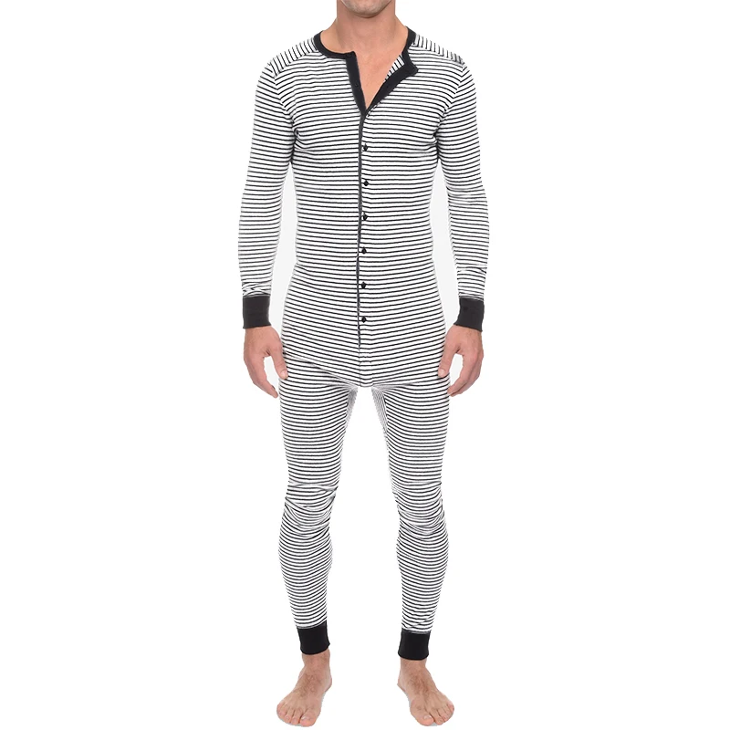 Men's Striped One Piece Pyjamas Long Sleeve Tight Jumpsuit Onesie Pajamas Loose Home Wear Cozy Leisure Sleepwear S-3XL