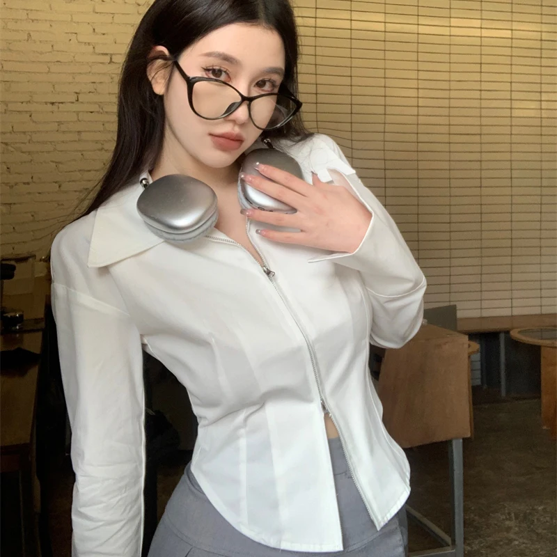 Y2k Zippers Women Shirts Korean Sweet White Slim Long Sleeve Female Blouse Autumn New Chic Office All Match Ladies Crop Tops