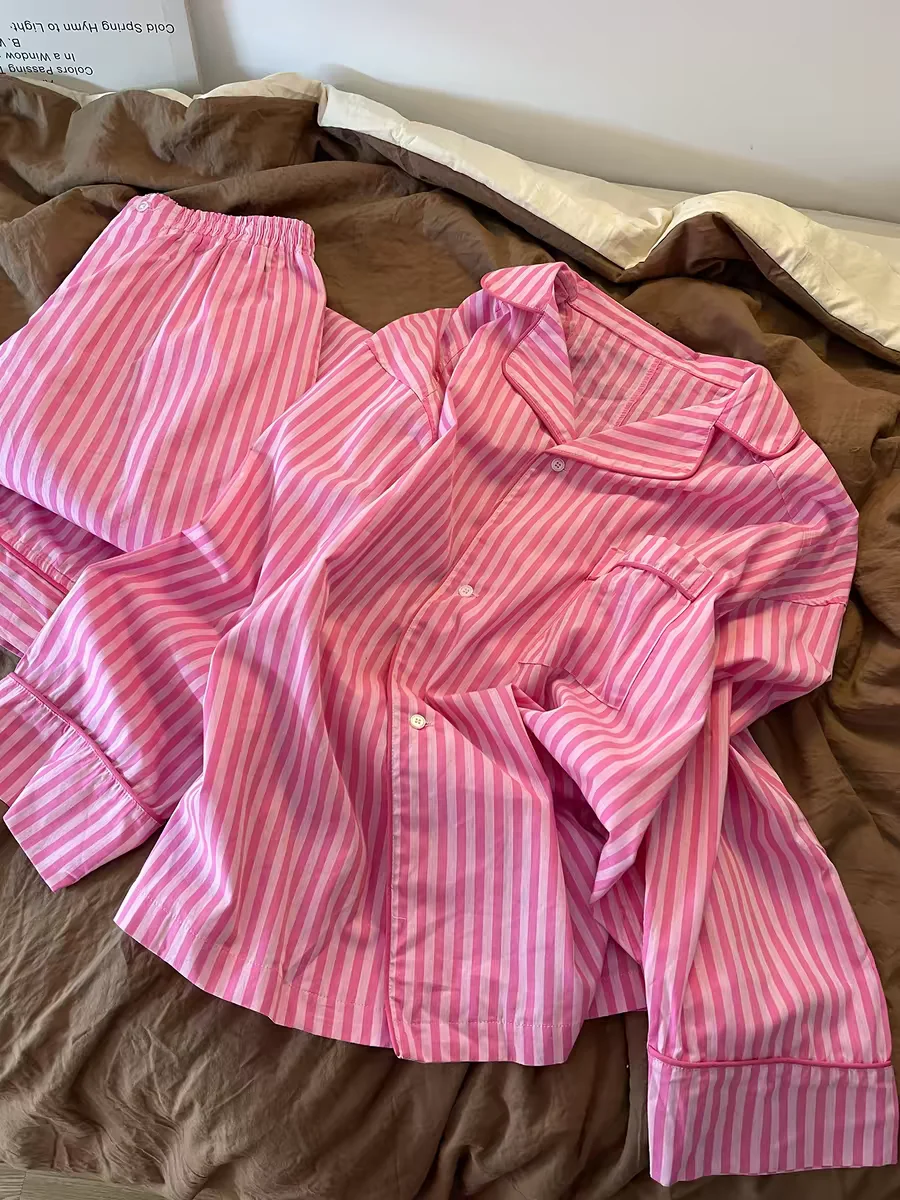 Pink Striped Long Sleeve Sleepwear Set Women's Spring Autumn Style Casual Loose Fit Home Comfortable Outerwear Suitable
