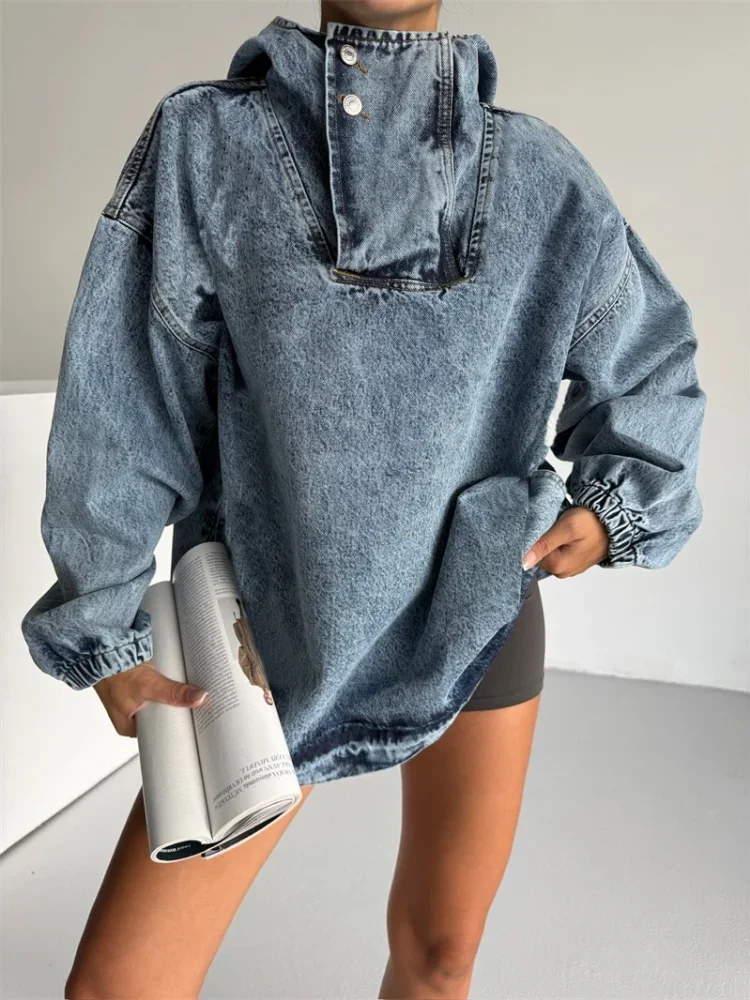 Fashion Washed Denim Hoodie Women Casual Oversized Long-sleeve Half-zip Button Pullover 2026 Lady New Spring Autumn Street Wear