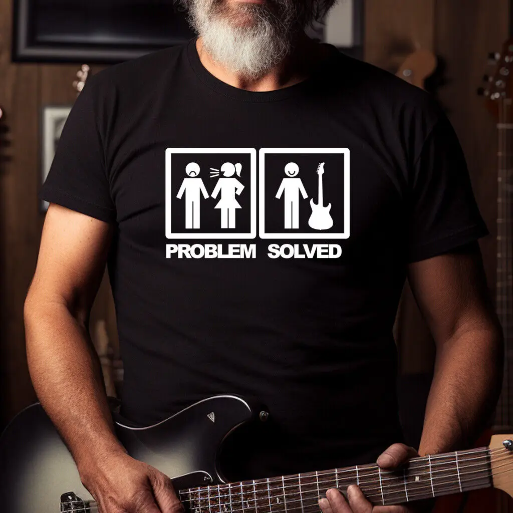 Problem Solved Guitar T Shirt Funny Electric Rock Dad Grandad Joke Birthday Gift Casual O-Neck Tee Shirts Streetwear