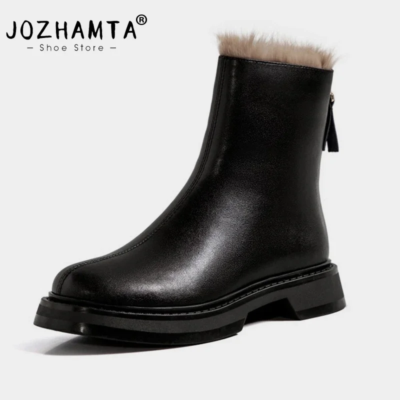 JOZHAMTA Size 33-43 2025 Women Genuine Leather Ankle Boots Warm Wool Winter Snow Boots Flats High Plush Motorcycle Boots Shoes