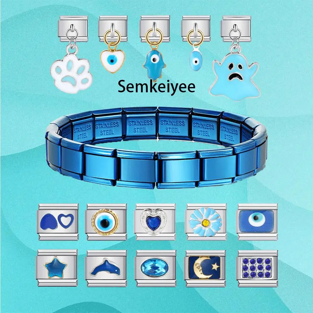 Blue Color Series Personalized DIY Devil Eye Heart Moon Star Zircon Italian Charm Bracelet 9mm Stainless Steel Bracelet Jewelry