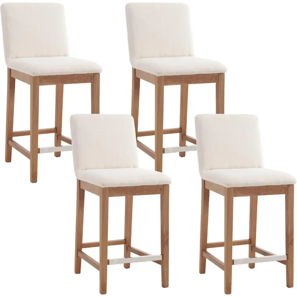 Bar Stools Set of 2 Linen Fabric Upholstered Kitchen Island Stools with Back 26 Inch Mid Century Rectangle Wood Barstool