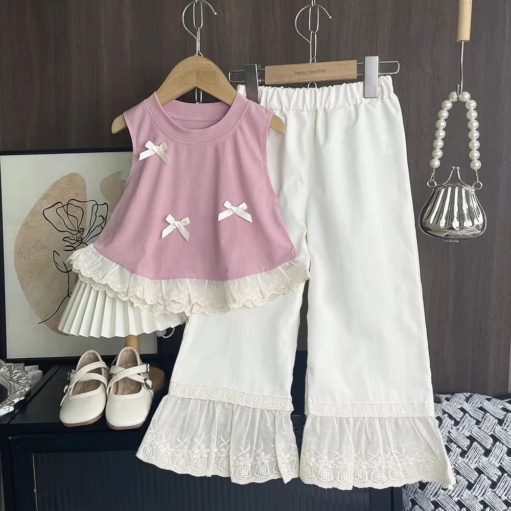 Summer Pink Korean version kids clothes girls Easter Clothing Bow Decoration Sleeveless Top + Lace Patchwork Pants 2-piece Set