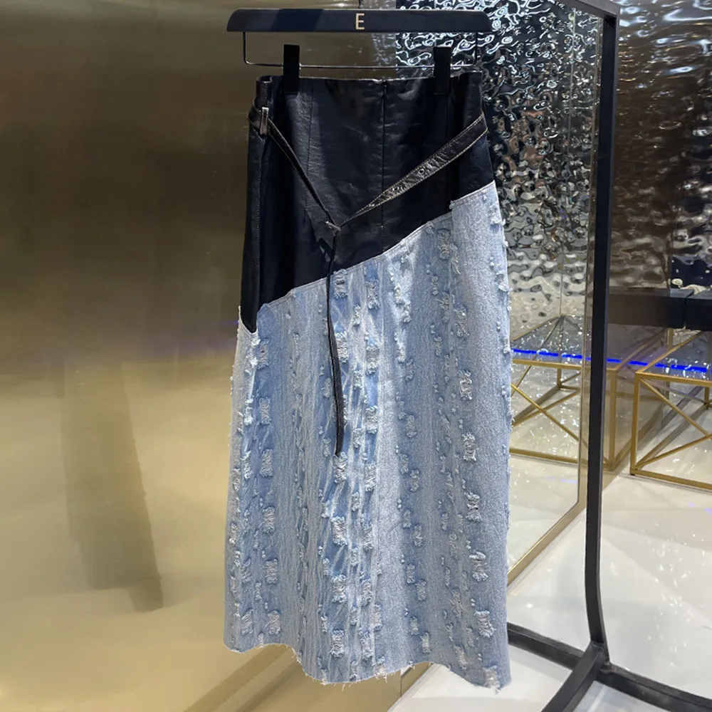

2022 Autumn Korean Style Women's High Quality Sheepskin Leather Patchwork Denim Skirts C910