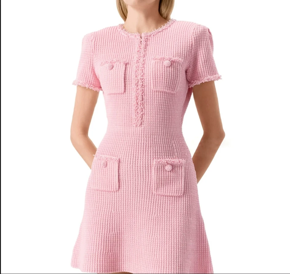 

legant female dresses pink round neck short sleeves knitted slim fit pocket mini
