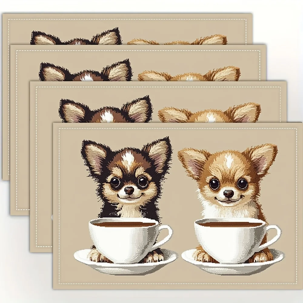 Cute Chihuahua Puppy Coffee Cup Cross‑Stitch Style Print Rectangular Placemats Set Pet Lover Farmhouse Dining Table Decor Mats