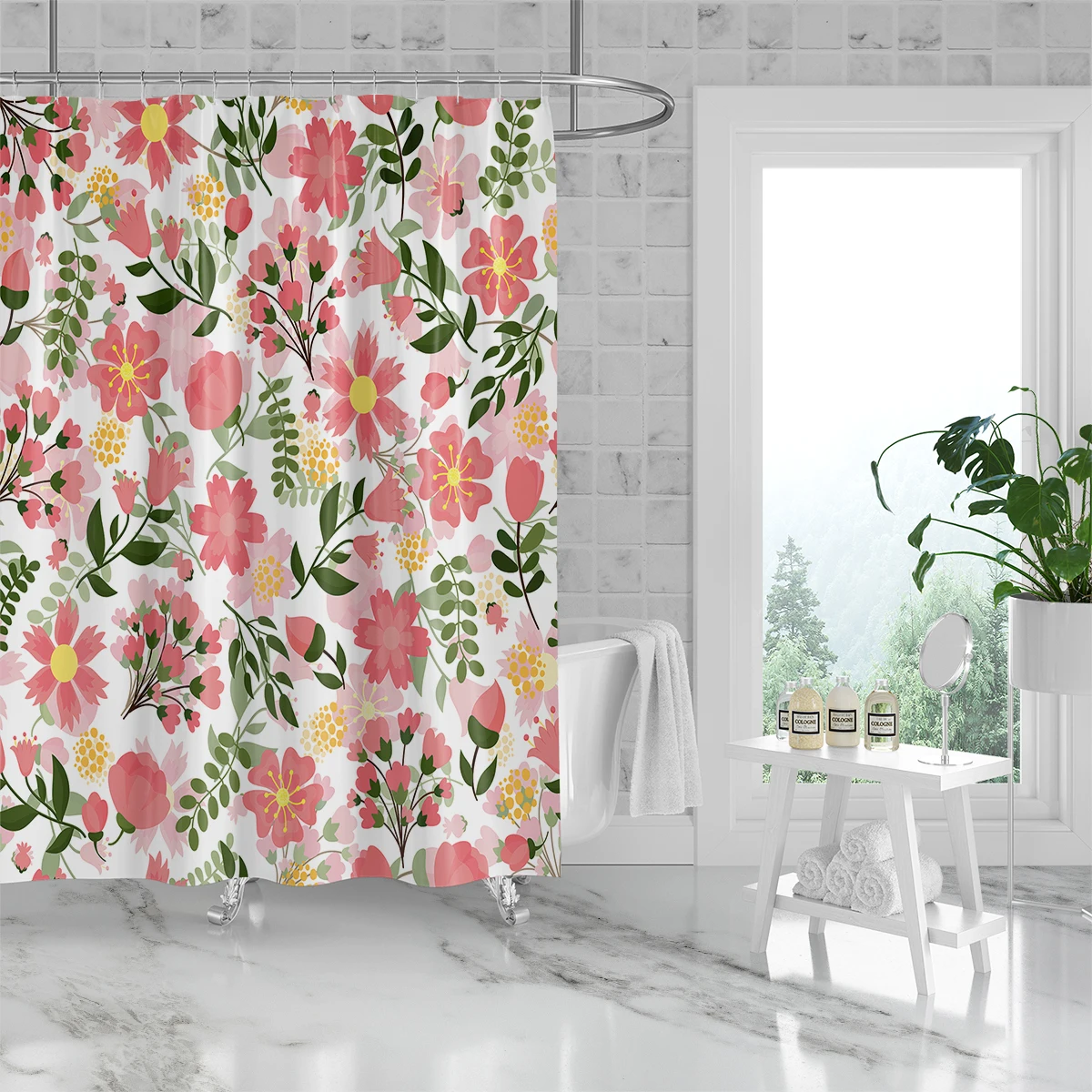 1 piece of 180x180cm pink fresh floral print shower curtain, partition bathroom waterproof and mold resistant home decoration