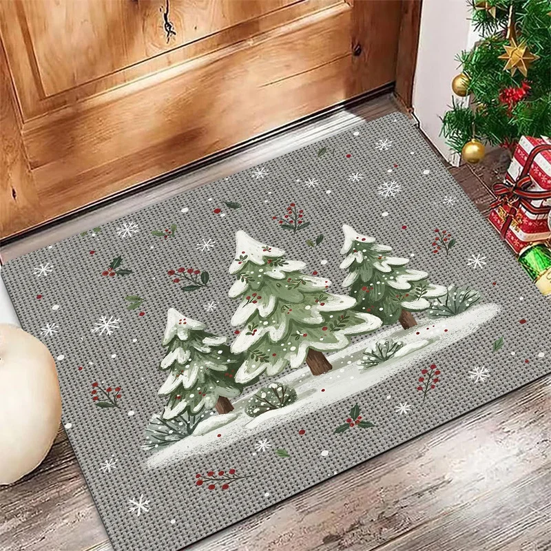 Snowy Forest Winter Scene Floor Rug Green Tree Print Non Slip Washable Carpet For Cold Season Home Entrance Decoration