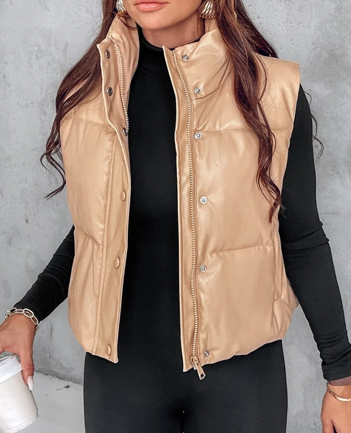 Women's Coat Winter Daily Casual Solid Color PU Leather Stand Collar Button Zip Up Pocket Design Sleeveless Vest Puffer Coat