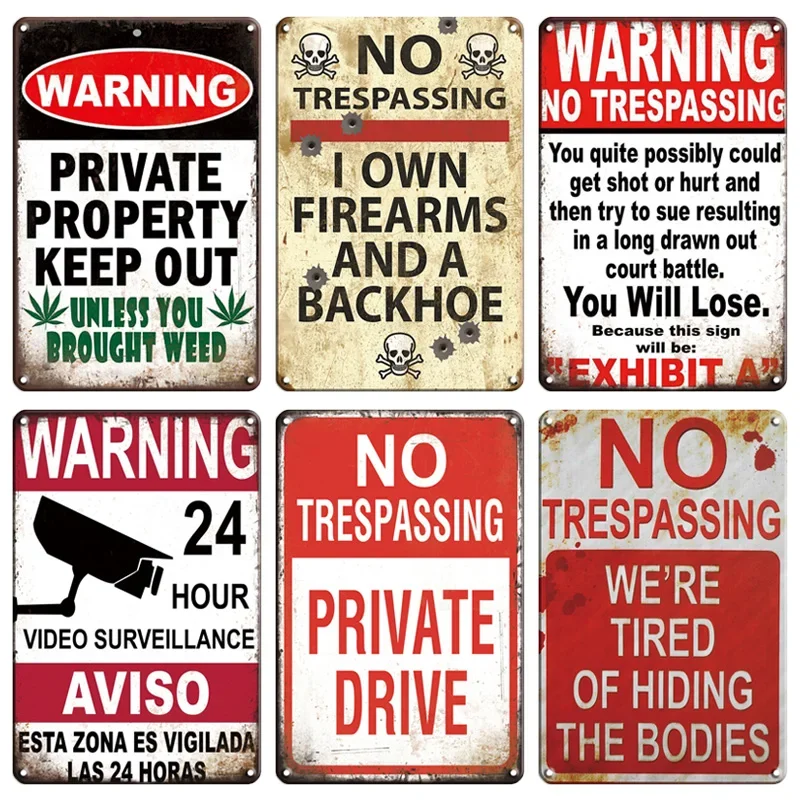 Retro Vintage Metal Plaque No Trespassing Warning Tin Signs Slogan Caution Metal Plate Poster Garden Home Farm Door Wall Decor