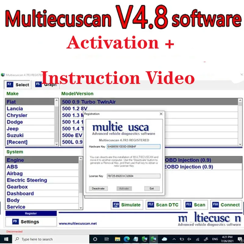 Multiecuscan V4.8 For Fiat/Chrysler/Dodge/Jeep/Suzuki Scanner Software 4.8+ELM327+Flat adapter Registered Unlimite + Activation