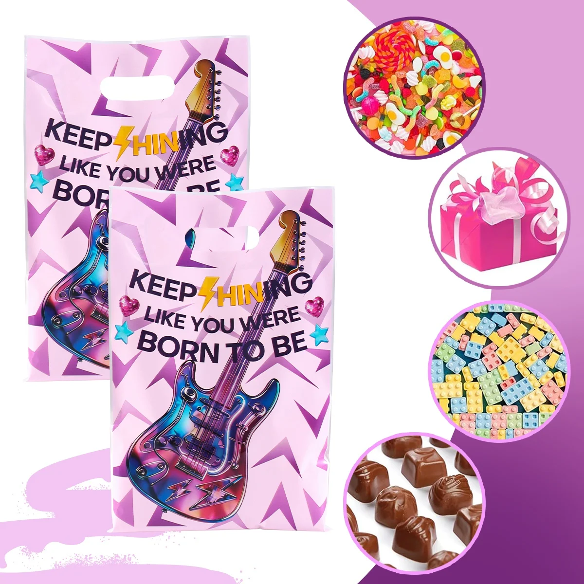 10/20/50 Stück Geschenktüten für E-Gitarren mit Griffen, Partytüten mit Rockmusik-Motiv für Happy Birthday Musikparty-Zubehör – Detail 2
