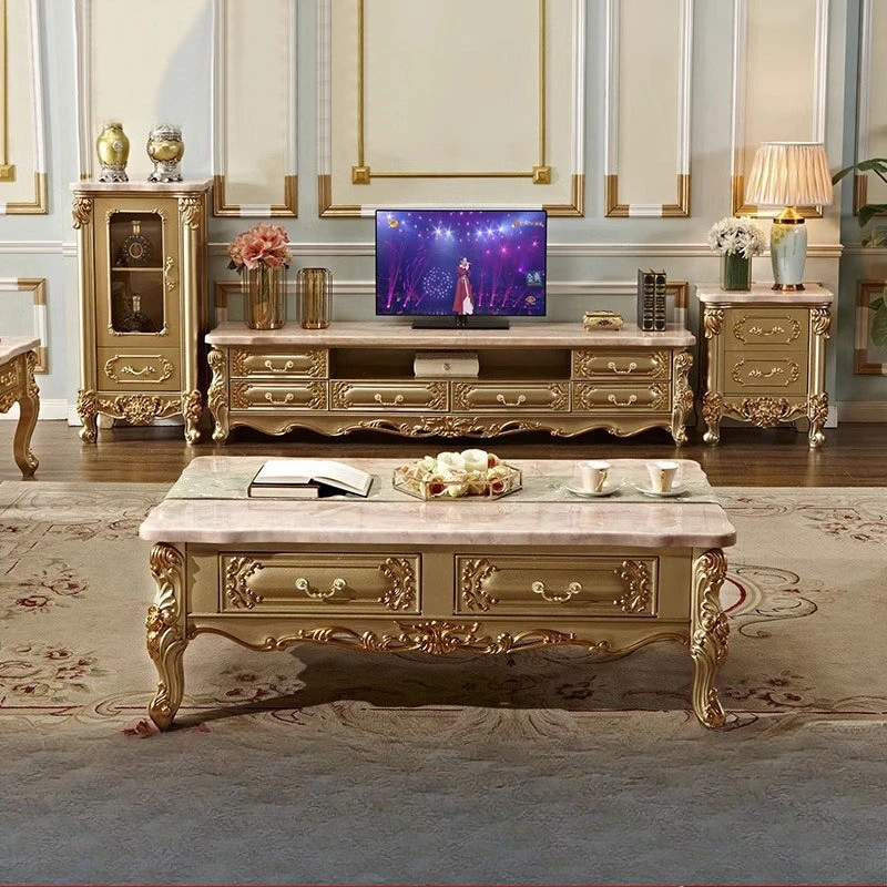 Solid wood coffee table TV cabinet combination, marble, large and small apartment, living room luxury floor cabinet,