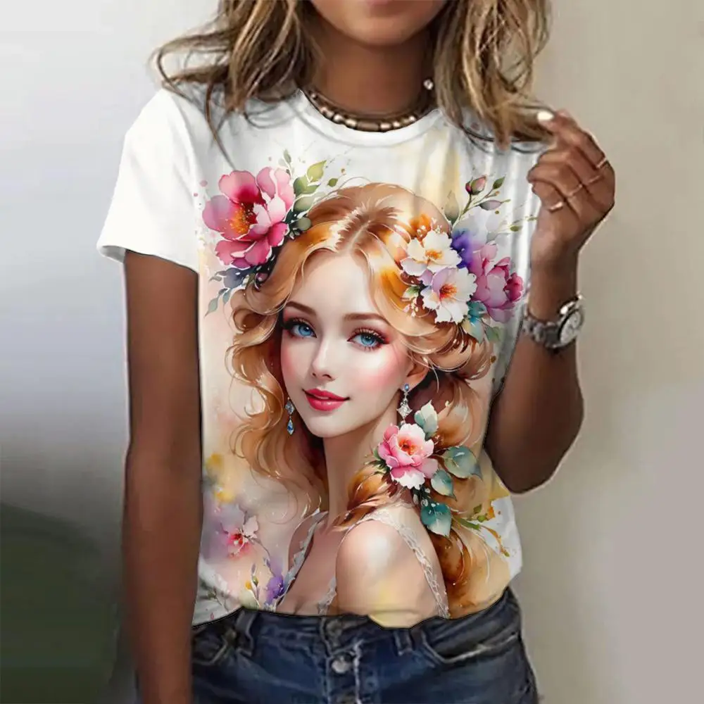 

Beautiful Cartoon Girl Printing O-neck Short Sleeve Ladies Clothes Leisure Street Female T-shirt Woman Clothing Harajuku Tee Top
