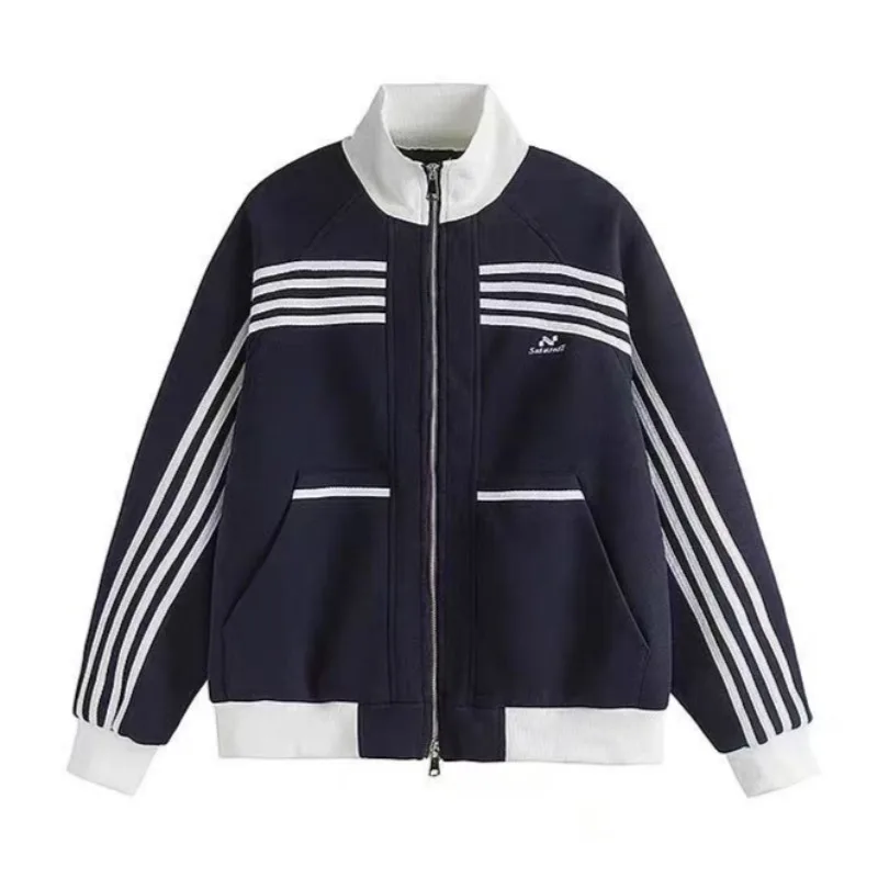 Streetwear Zip Jacket Women Striped Stand Collar Sweatshirts Men Vintage Zip Up Cardigans Fashion Women Y2k Clothes