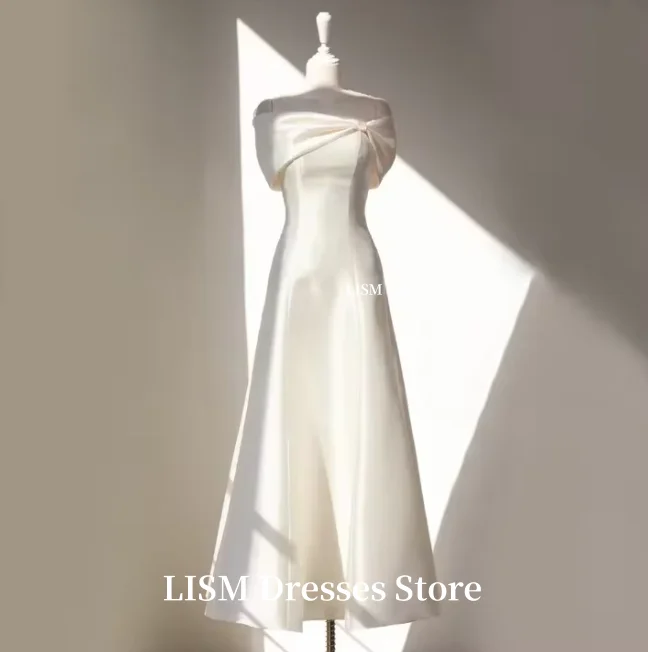 LISM Simple Off Shoulder A-Line Korea Wedding Dresses Corset Back Customized Long Elegant Bridal Gowns 결혼식 드레 Photo Shoot Satin