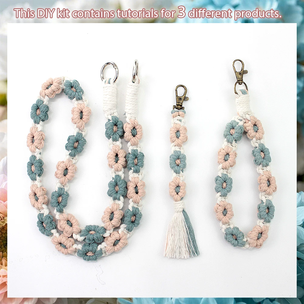 

3 Pcs Small Daisy Mobile Phone Lanyard Macrame Kit with Tutorial for Beginners DIY Colorblocking Daisy Tassel Wristband Keychain