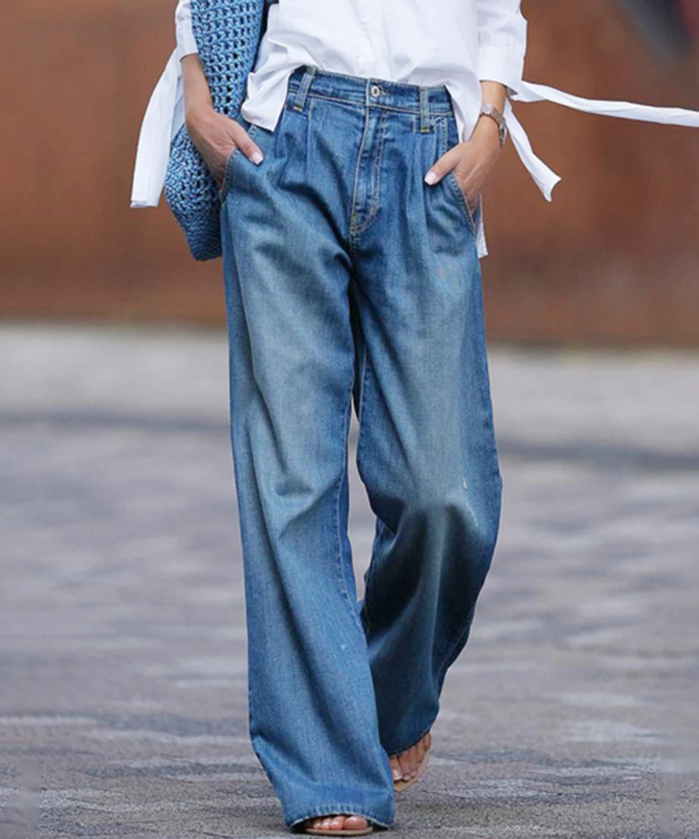 Women Jeans Distressed Wide Leg Pants Denim Loose High Waist Pockets Washing Zipper Fly Spring 2024 Solid Color Full Length