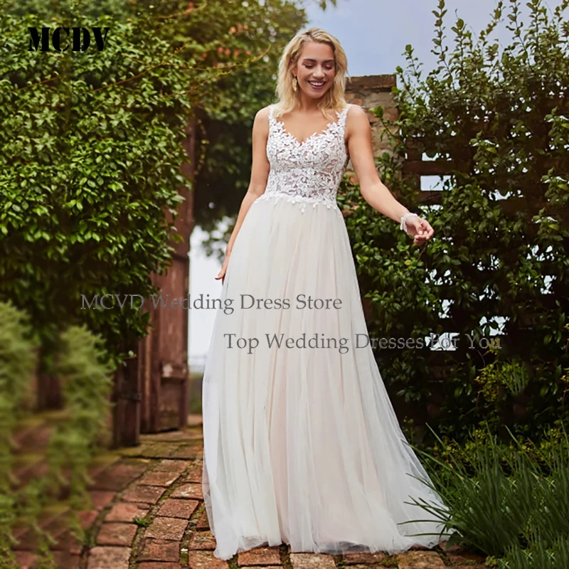 

MCDV 2026 V Neck Tulle Wedding Dresses with Lace Appliques Sleeveless A Line Bridal Gown Elegant Backless Long CustomizedDresses
