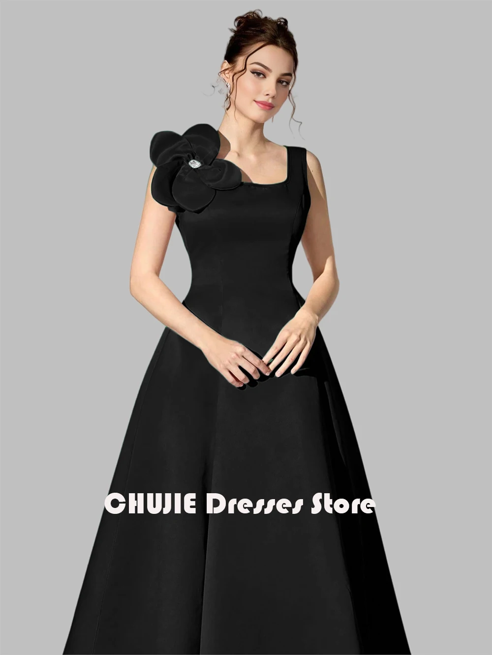 블랙 새틴 발목 기장 포켓 플라워 볼 가운 맞춤 웨딩 이브닝 드레스 여성용 신부 어머니 드레스