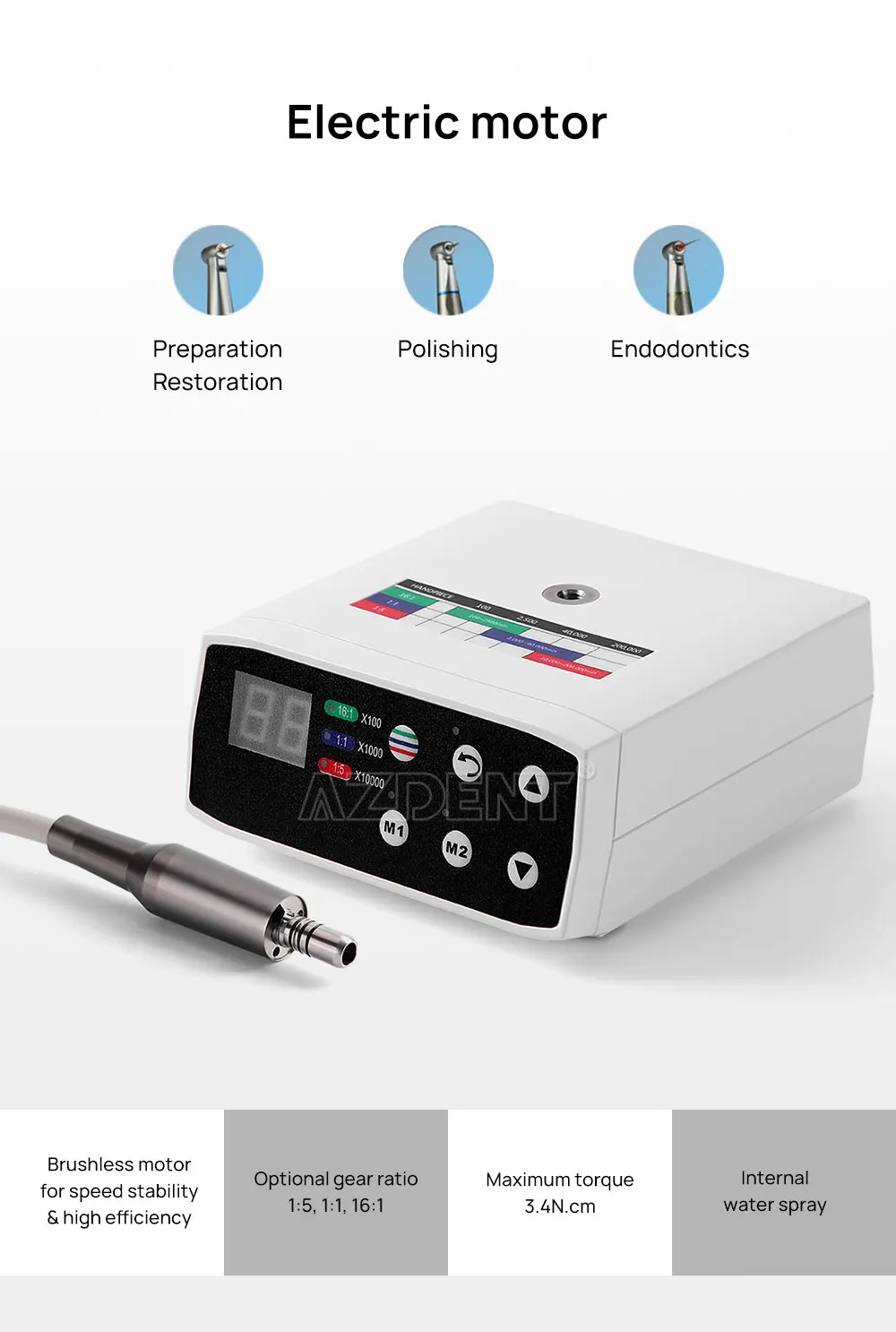 AZDENT Dental Elektrischer Mikromotor mit LED-Faseroptik, bürstenlos, interner Spray, passend für 1:1, 1:5, 16:1 Niedriggeschwindigkeits-Handstücke, klinisch – Detail 1