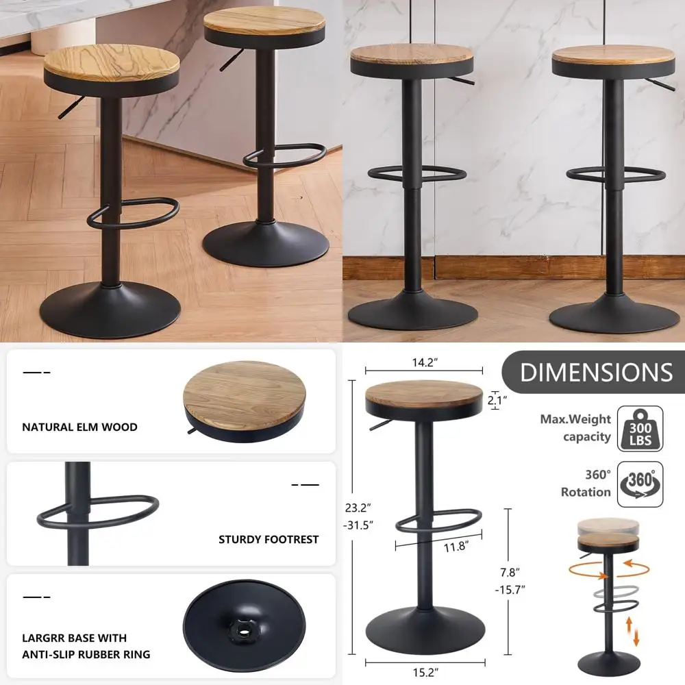 Adjustable Swivel Backless Bar Stools Set of 2 - Modern Wooden Seat Counter Height Chairs