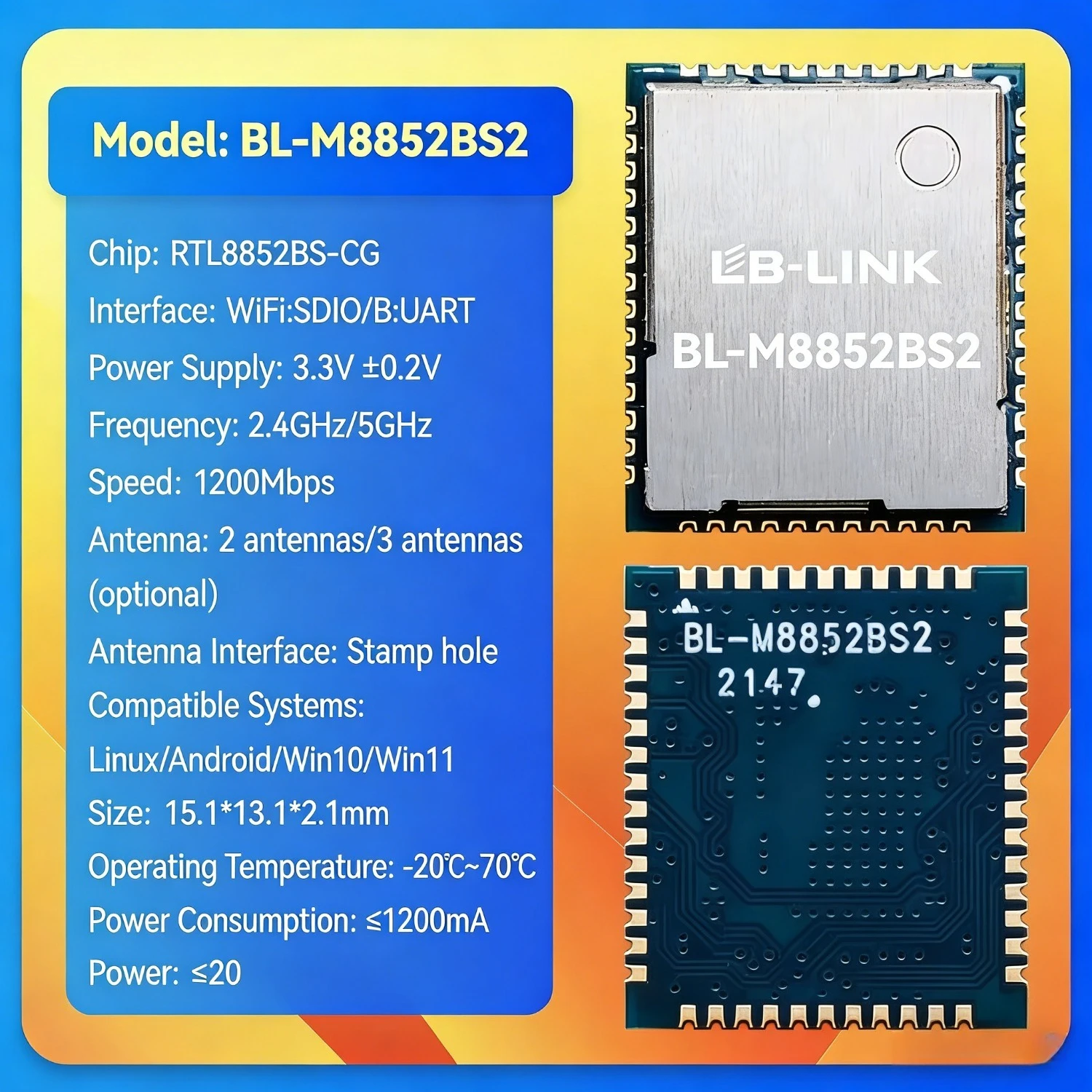 M8852BS2 Realtek RTL8852BS 5G Dual-Band Gigabit WiFi6 Module with Screen Mirroring Wireless Video Transmission Bluetooth for Pro