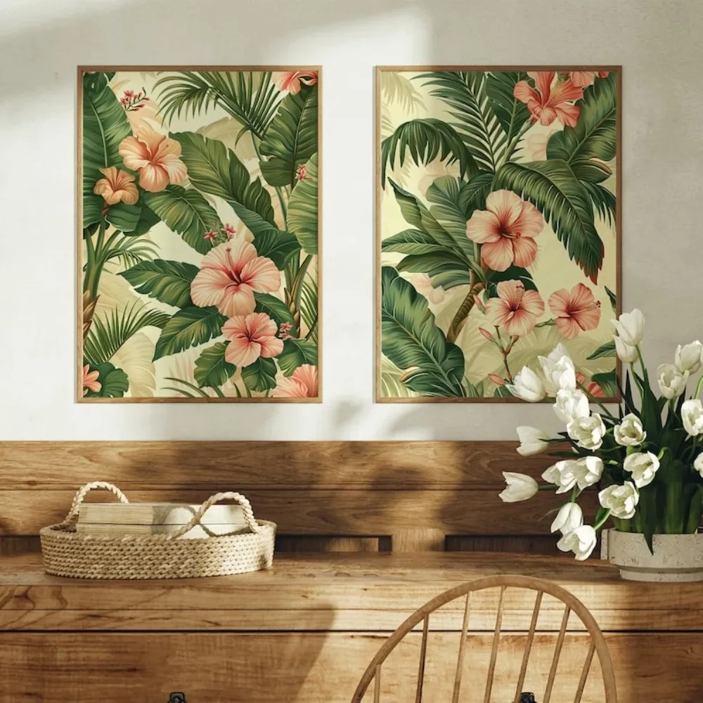 2pcs frameless Canvas Painting 2pcs Frameless Retro Tropical Flower Print,Palm Leaf Poster,Pink and Green Flower Home Decor,Plan