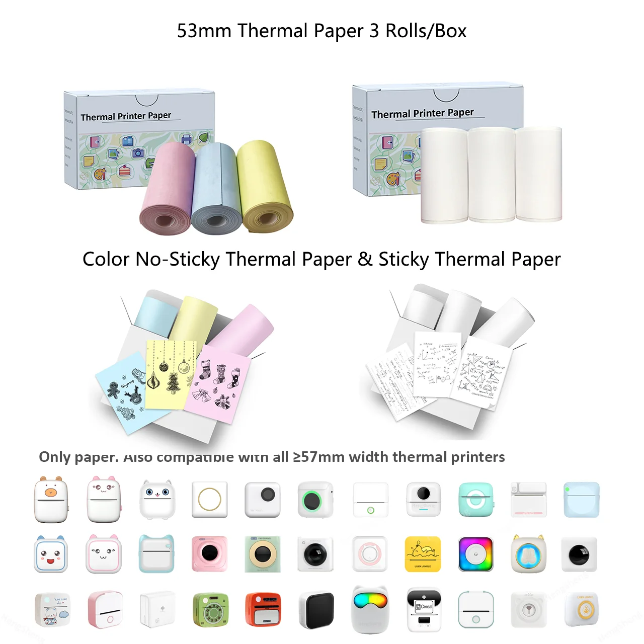 Mini Thermal Printer Stickers Paper,Roll Paper Child Camera For M02/T02, Kids Instant Camera, To-do Lists 53MM