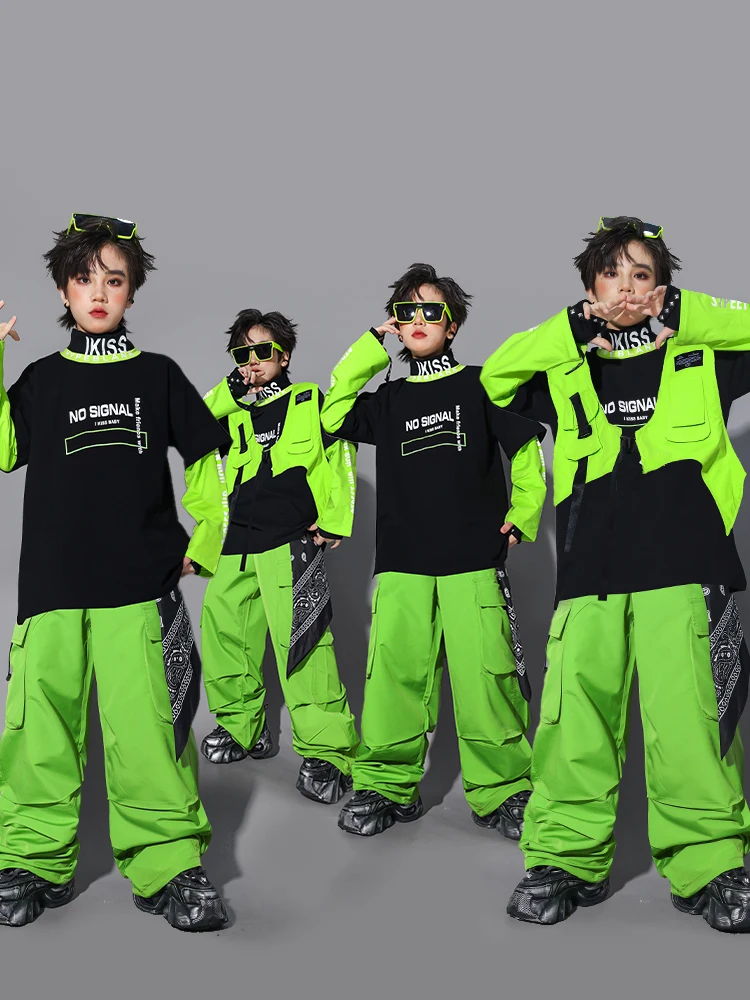 Costume de danse Hip Hop vert pour enfants, gilet et pantalon pour garçons, hauts à manches longues pour filles, vêtements de spectacle de danse de rue Kpop Y2K BL17822