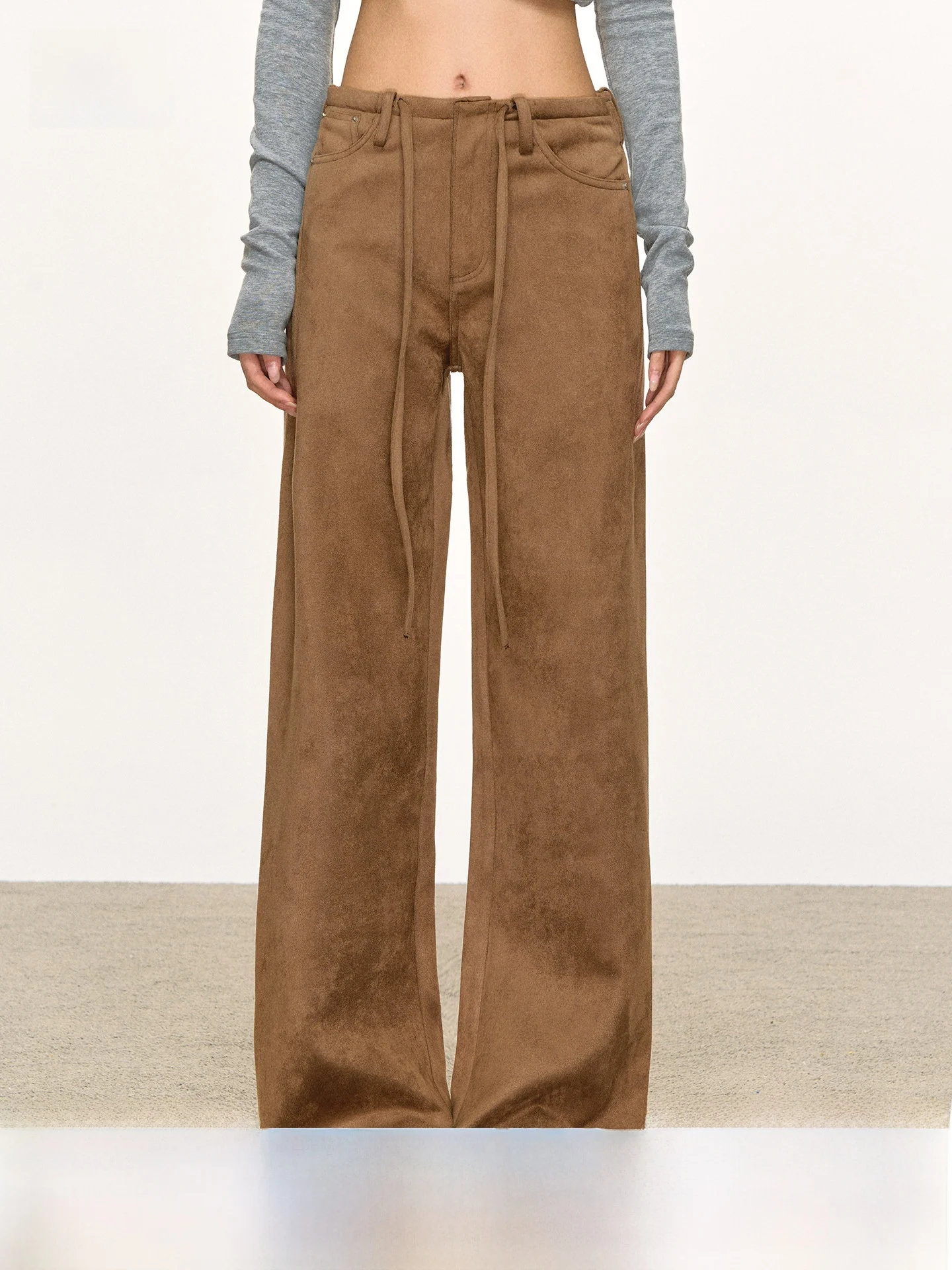 

Женские повседневные брюки Anna Aneae Brown Dstring в стиле ретро, осенне-зимние, свободные, прямые, эластичные, утягивающие, длинные