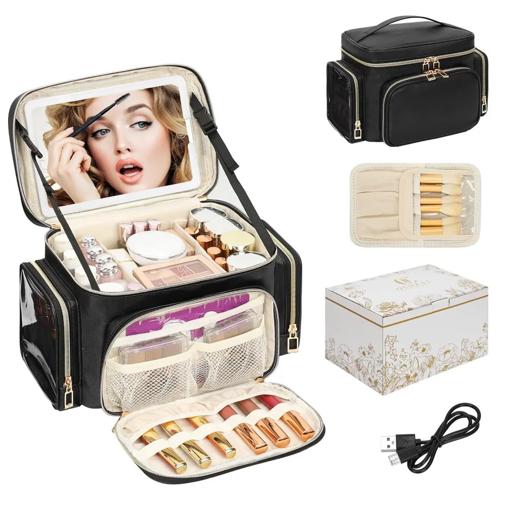 Large LED Mirror Makeup Bag with Brush Compartment, 3 Color Lights, Waterproof Leather Travel Organizer for Women