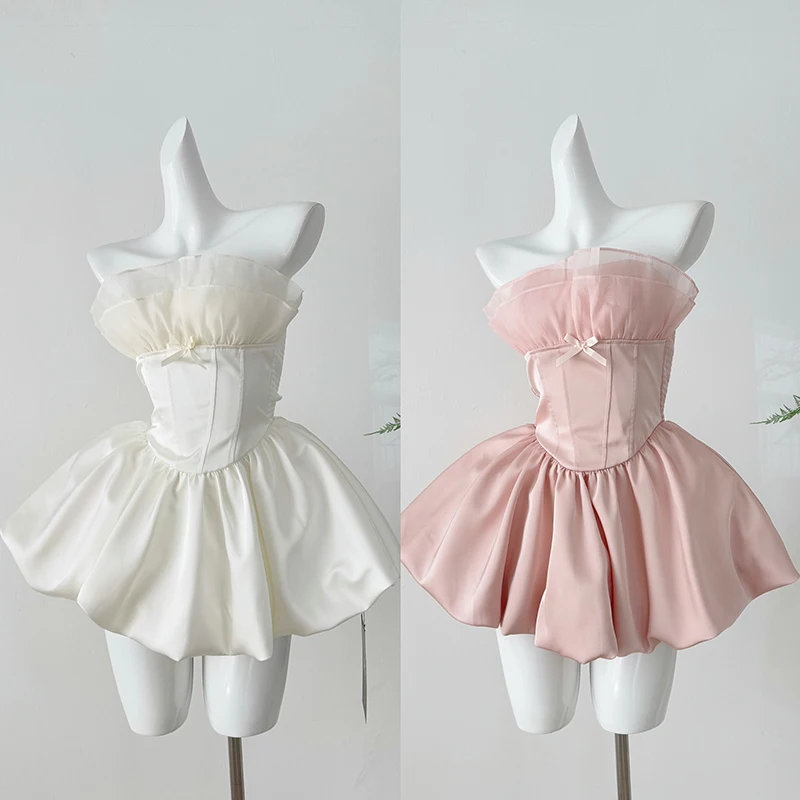 

Strapless Dress with Fishbone Waistband Fluffy Gown Dress Elegant Evening Party Sexy Short Dress Pink Sleeveless Mini Dress