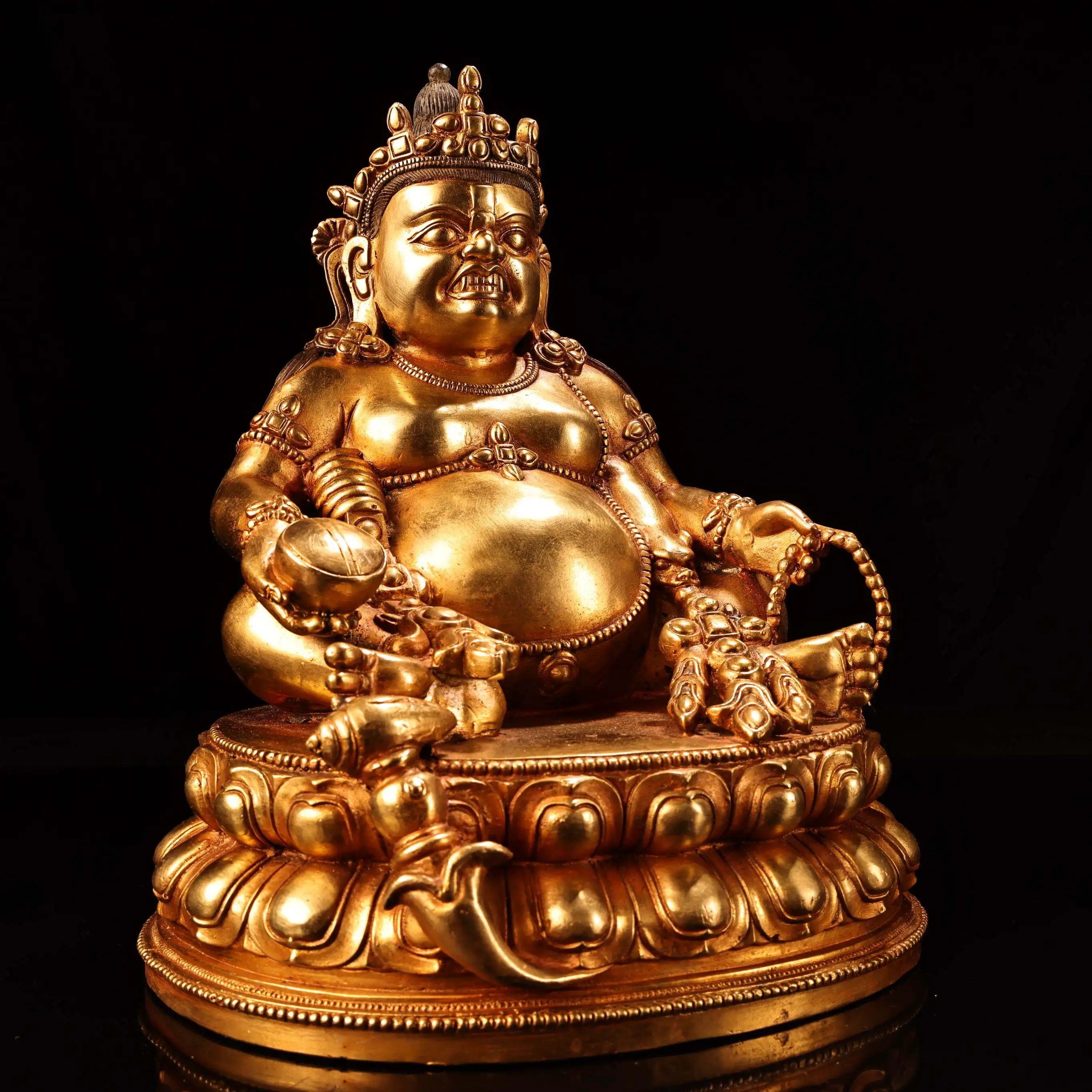 High Relief Gilt Yellow Jambhala Statue Tibetan Copper Craft Home Altar Decor Collectible