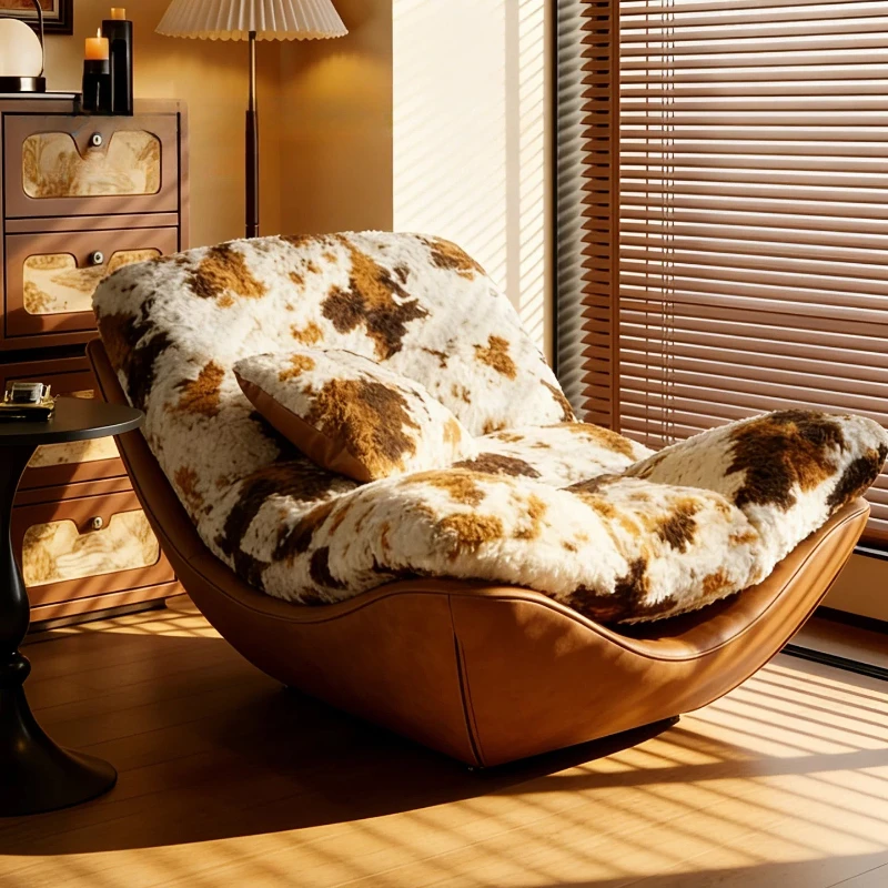 Mid‑Century Single Lounge Chair Cow Print Upholstered Recliner Sofa Leisure Relax Armchair for Living Room Bedroom Home Decor