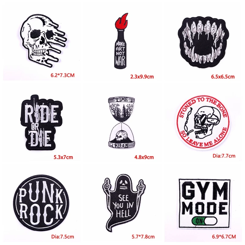 10PCS/lots Rock Style Embroidery Patch Punk Skull Patch Iron On Patches For Clothing Jackets Sewing Applique Letter Ironing DIY