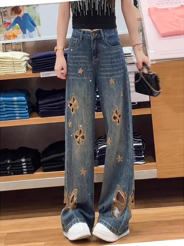 重い刺繍入り、透かし彫りデニムパンツ、レディースサマー新作、ハイウエスト、ゆったり、スリム、ロング丈パンツ、ブルー、ワイドレッグ