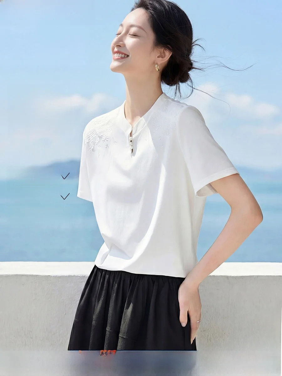 

Elegant Short Sleeve Casual Fashionable Versatile Embroidered Button Decorative Slimming Women's T-Shirt Cotton Polyester Blend