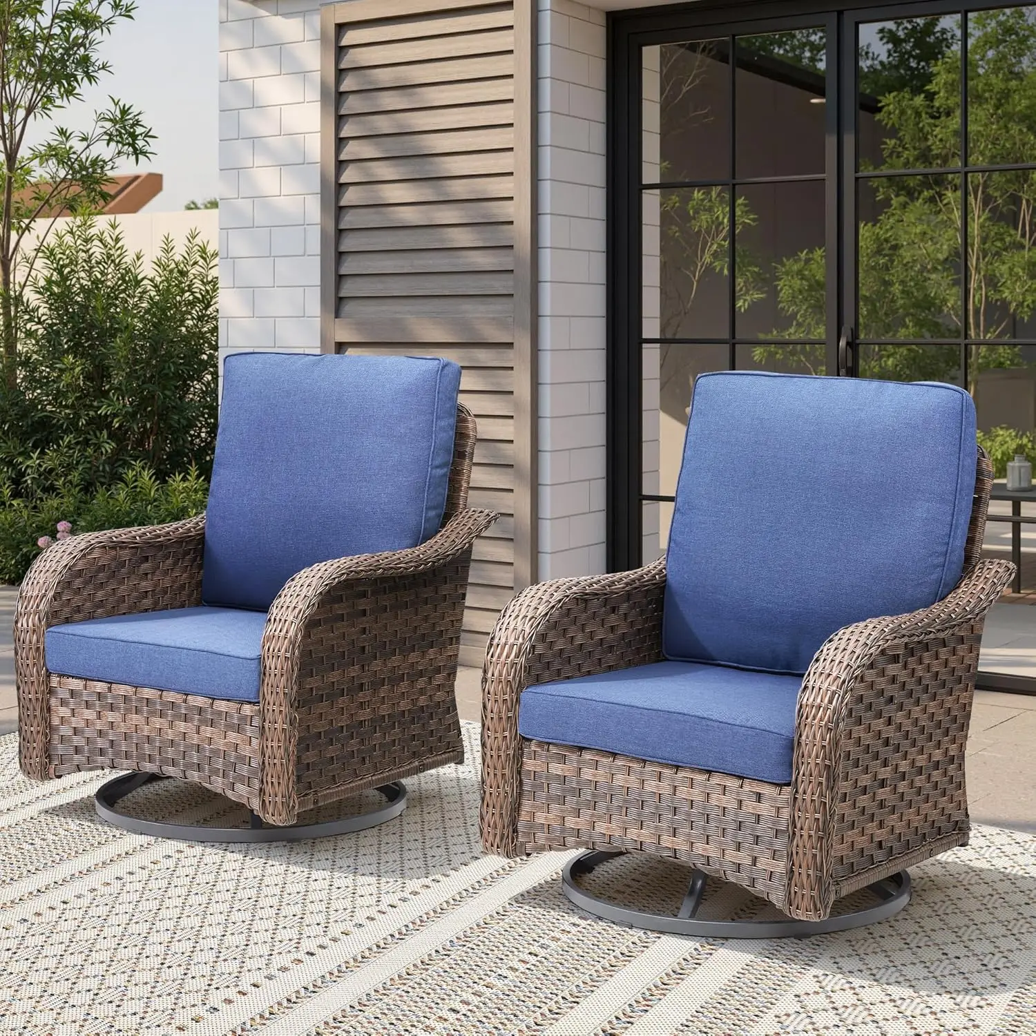 

2PCS 300lb Swivel Rocker Patio Chairs Outdoor Wicker 4in Olefin Cushions Curved Armrest Porch Garden Backyard, Customized
