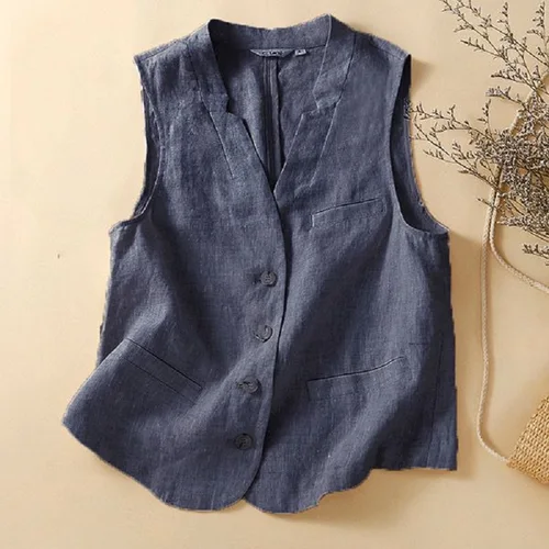 Chaleco de algodón y lino para mujer Chaleco con cuello en V Verano