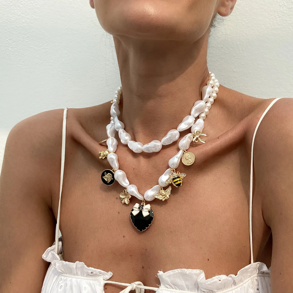 Necklace Bee Pendant Baroque Faux Pearl Heart Tassel with Sturdy Adjustable Silver Tone Chain for Women Office Casual Elegant view 2