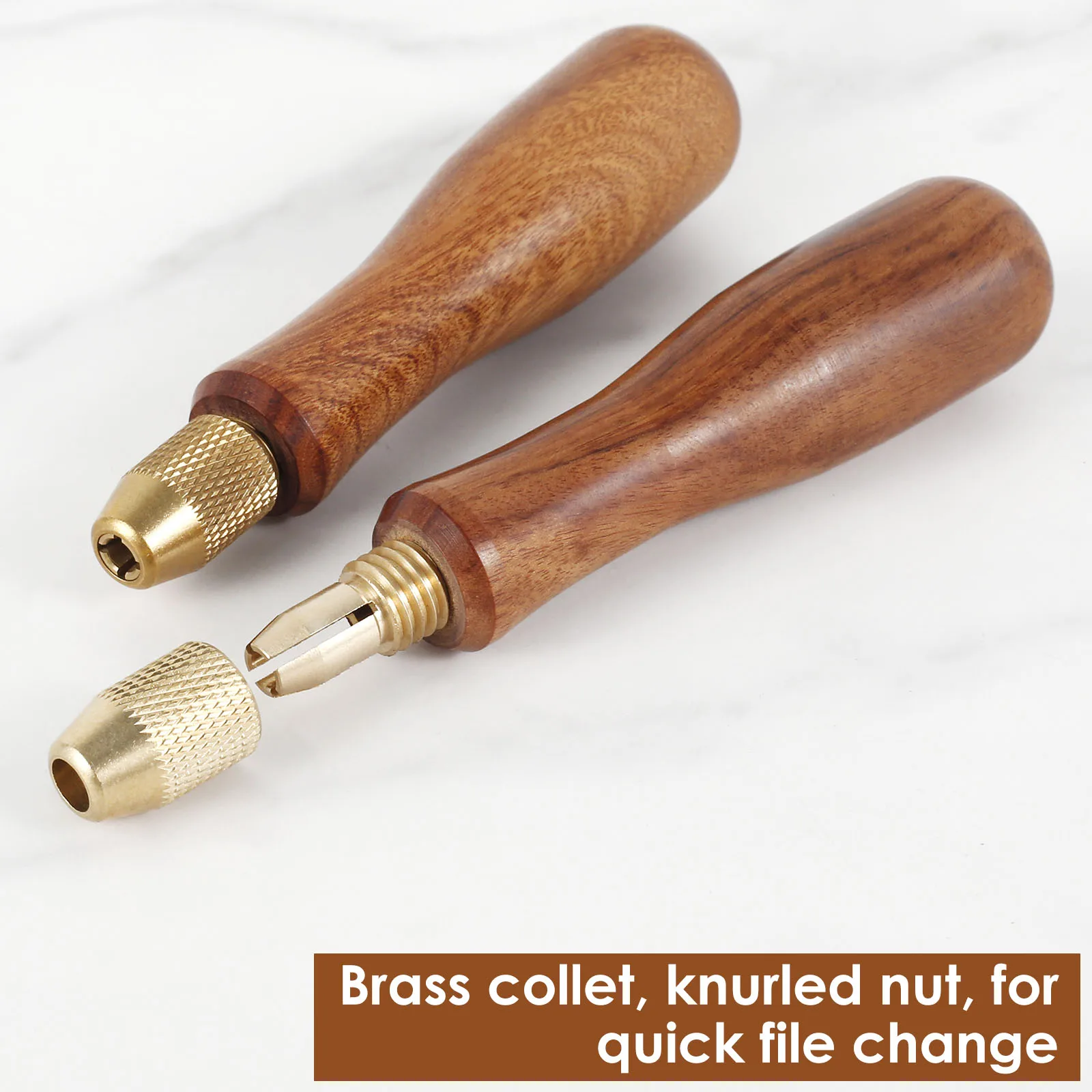 2Pcs Wood File Handle Hand Drill File Handle with Brass Collet Chuck Wooden Handle for File Ergonomic Screwdriver Hand Drill