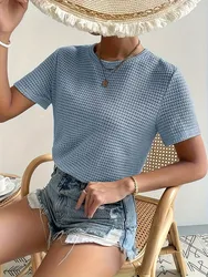 Women's Summer New Casual Soild Blue Color Loose Texture Jacquard American All-in-one Knitted Round Neck Solid Color T-shirt