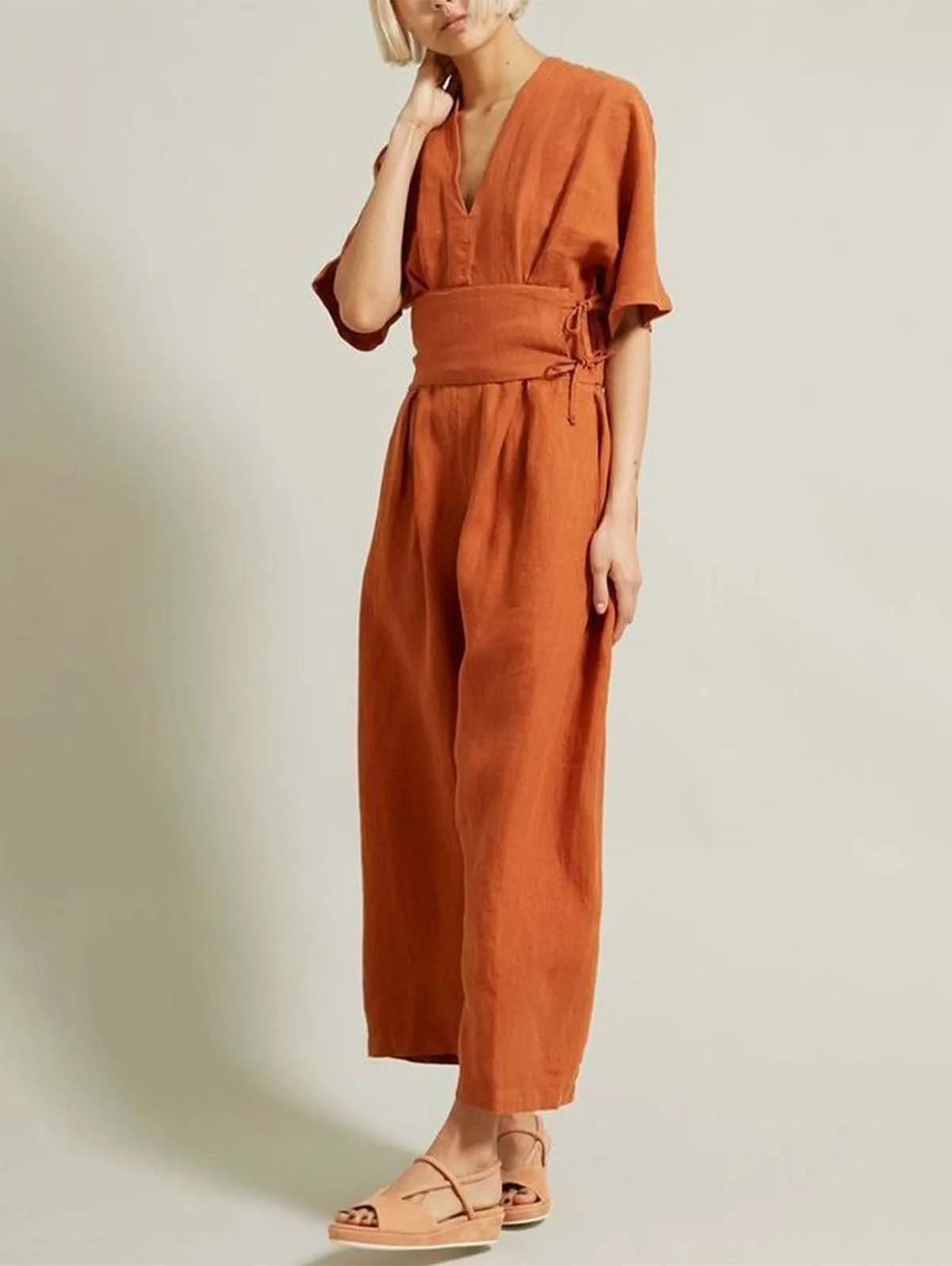 Cotton Linen Jumpsuits for Women Straight Pants Vintage V Neck Belt Loose Romper Summer Boho Beach Casual Overalls Jumpsuit