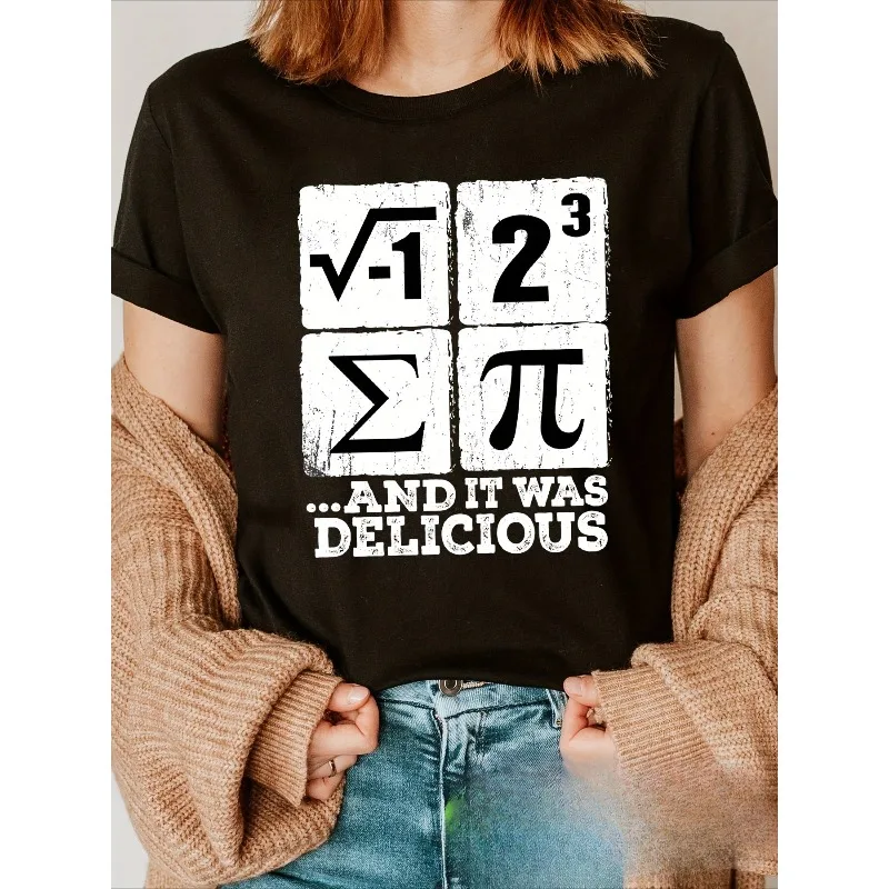 Women's Funny Math Pi Day T-Shirt “√-1=√-1, ∑σ=π” Patterned Top Black Crew Neck Casual Style Math Enthusiast All-Season T-Shirt