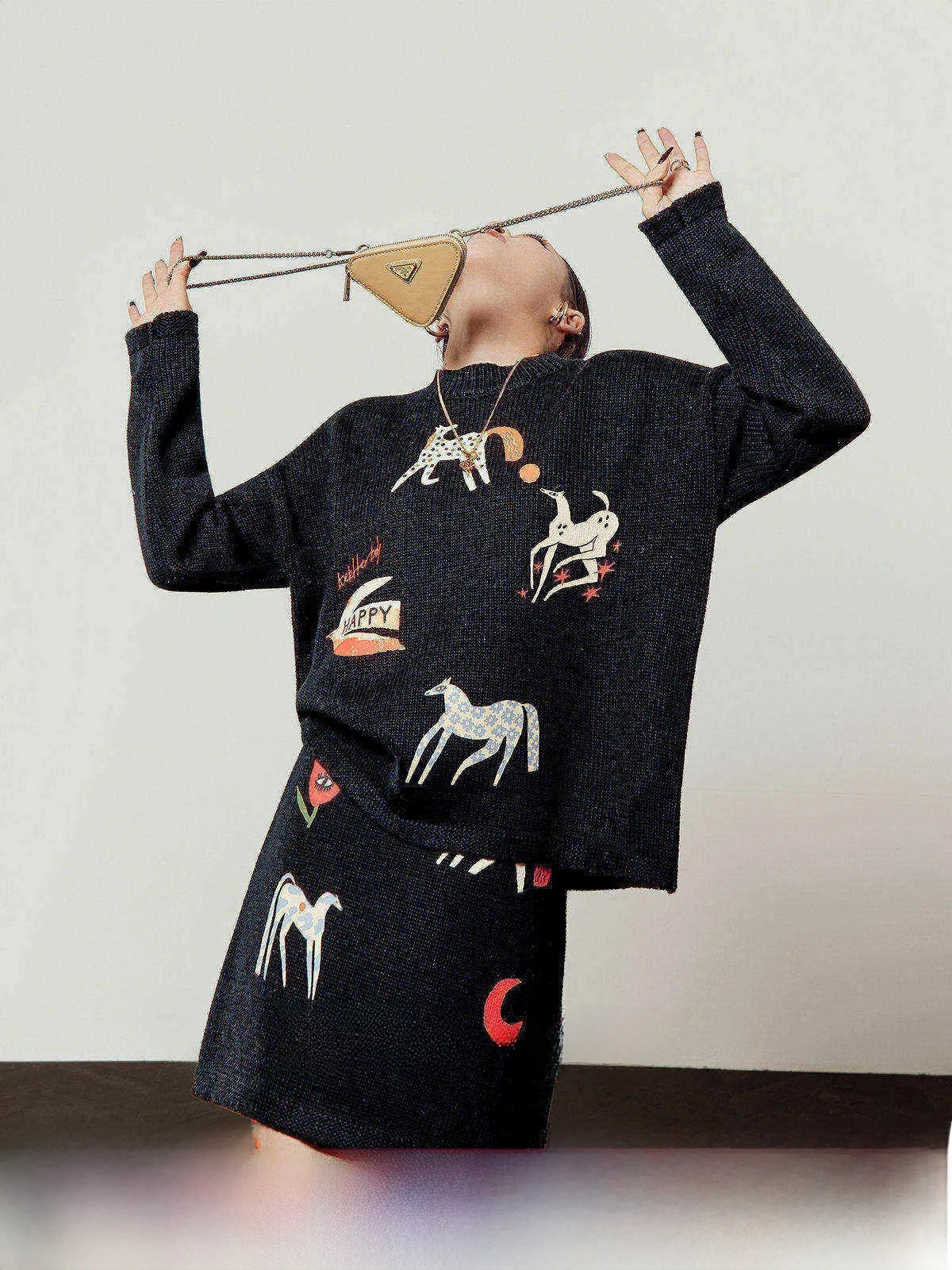 

Black Knitted Set Women's Spring 2026 New Style Sweater Half Skirt Two-Piece Set Comfortable Loose Fit Vintage Print Long Sleeve
