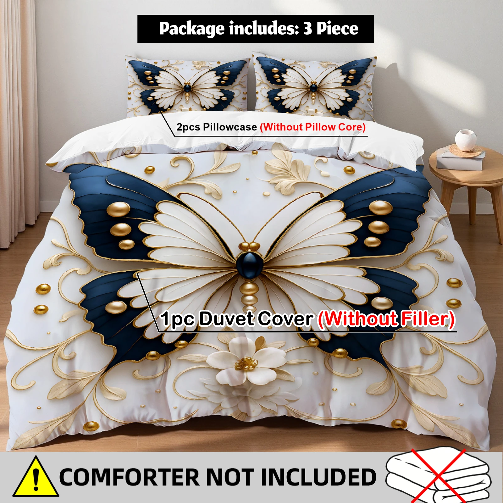 

Elegant Floral Butterfly Duvet Cover Set 2 Pillowcases White Gold Navy Cozy Home Decor Gift For Art Lovers Twin Queen King Size