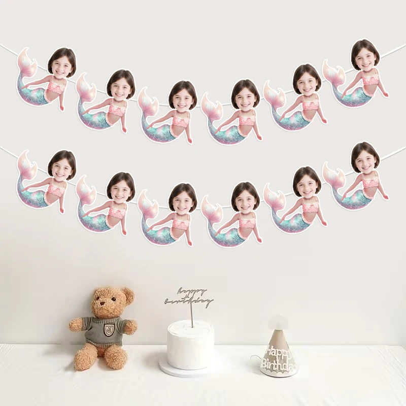 Guirlande de 6/12 pièces personnalisées en forme de sirène avec photo, bannière portrait personnalisée, pendentif suspendu DIY pour anniversaire